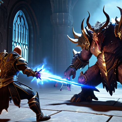 **

A player character in *Mu Monarch*, heavily armored with glowing equipment, defeating a large boss monster in a dynamic, action-packed scene. Focus on the visual power and fantasy aesthetic. The scene should look visually impressive, showcasing the allure of powerful in-game items.

**