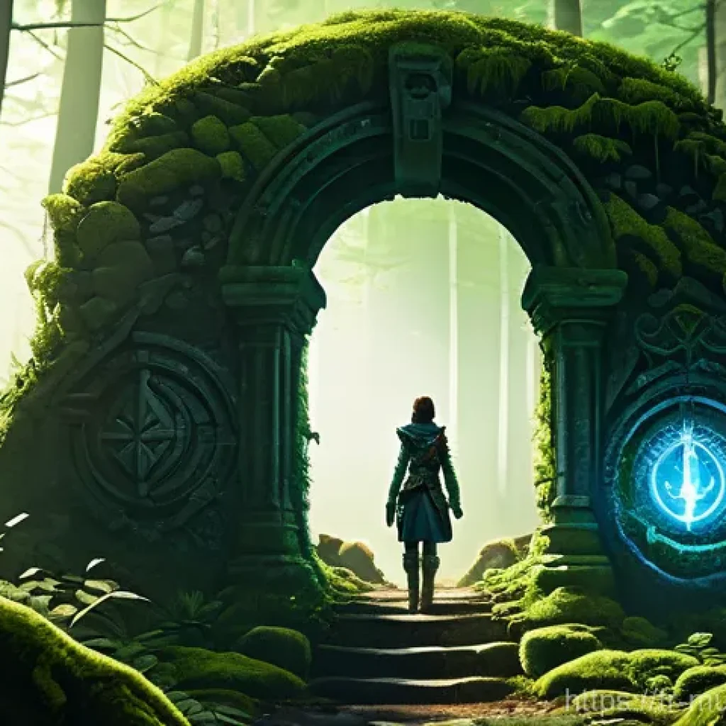 뮤 모나크 월드맵 활용법 - **Prompt 1: Discovery of a Hidden Teleportation Point**
    "A female adventurer, clad in practical ...