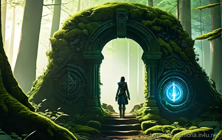 뮤 모나크 월드맵 활용법 - **Prompt 1: Discovery of a Hidden Teleportation Point**
    "A female adventurer, clad in practical ...