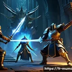 뮤 모나크 레이드 공략 - A dynamic fantasy raid scene showing a diverse team of four adventurers engaged in an intense boss f...