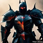 뮤 모나크 레이드 그룹 모집법 - A powerful Dark Knight tank standing firm in heavy, ornate dark armor with glowing red accents, hold...