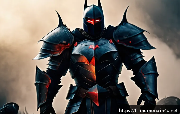 뮤 모나크 레이드 그룹 모집법 - A powerful Dark Knight tank standing firm in heavy, ornate dark armor with glowing red accents, hold...