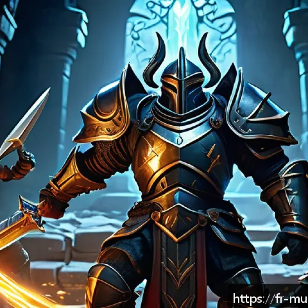 뮤 모나크 PvE와 PvP 비교 - A detailed fantasy RPG scene depicting a PvE dungeon raid: a heavily armored warrior wearing a full ...