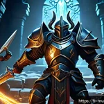 뮤 모나크 PvE와 PvP 비교 - A detailed fantasy RPG scene depicting a PvE dungeon raid: a heavily armored warrior wearing a full ...