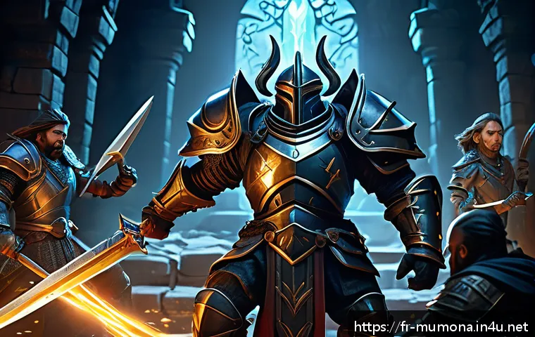 뮤 모나크 PvE와 PvP 비교 - A detailed fantasy RPG scene depicting a PvE dungeon raid: a heavily armored warrior wearing a full ...