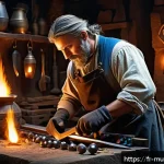 뮤 모나크 장비 제작 방법 - A detailed fantasy blacksmith forge scene focused on crafting Mu Monarque equipment: a skilled artis...