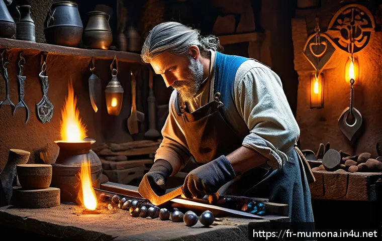 뮤 모나크 장비 제작 방법 - A detailed fantasy blacksmith forge scene focused on crafting Mu Monarque equipment: a skilled artis...