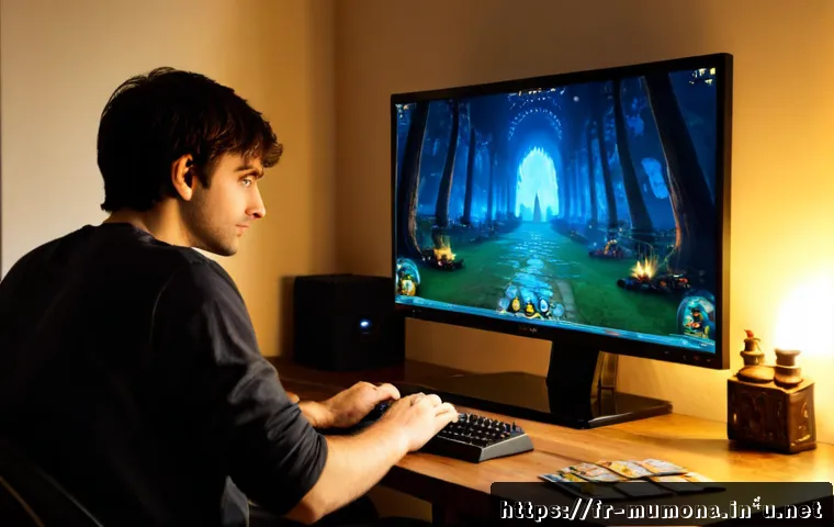 Home 17 뮤 모나크 시즌 업데이트 정보 - Photorealistic French gaming enthusiast at a clean modern desk in a Paris apartment, viewing a fanta...