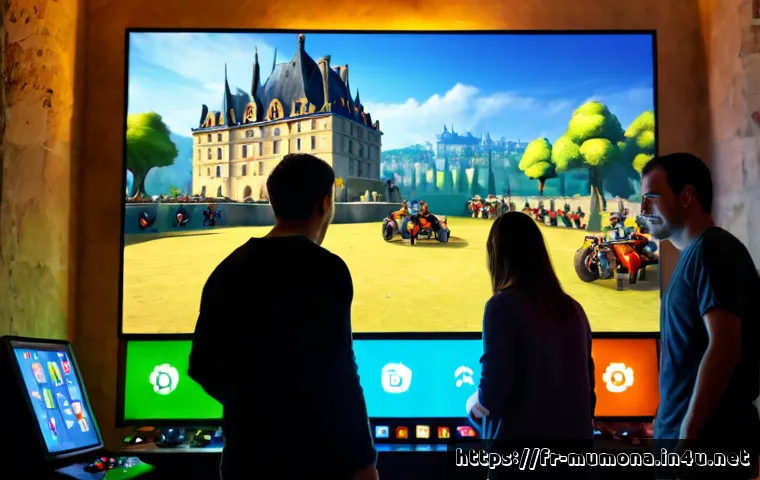 Home 17 뮤 모나크 길드전 참여법 - Photorealistic French gaming club scene, four adult friends gathered around a large monitor showing ...